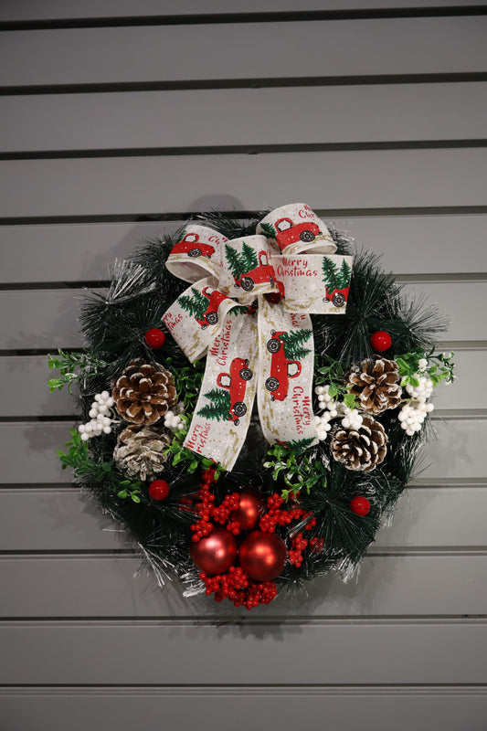 AG-47 | Artificial Christmas Wreath with Pinecones, Red Ornaments & Ribbon Bow – 16" (40 cm)
