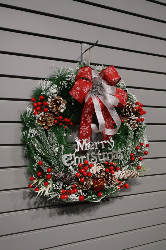 AG-41 | Artificial Christmas Wreath with “Merry Christmas” Sign, Red Bow & Snow Pinecones – 20" (50 cm)