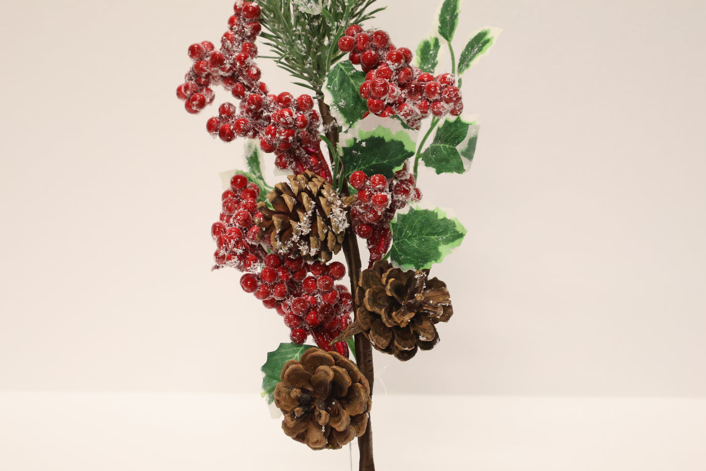 AG-29 | Artificial Red Berry Stem with Pinecones & Frosted Leaves – 16" × 3" × 2" (41 × 7 × 5 cm)