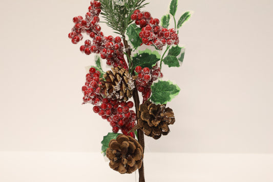 AG-29 | Artificial Red Berry Stem with Pinecones & Frosted Leaves – 16" × 3" × 2" (41 × 7 × 5 cm)