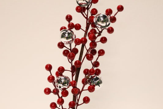 AG-30 | Artificial Red Berry Stem with Silver Bells – 16" × 2" × 2" (41 × 5 × 5 cm)
