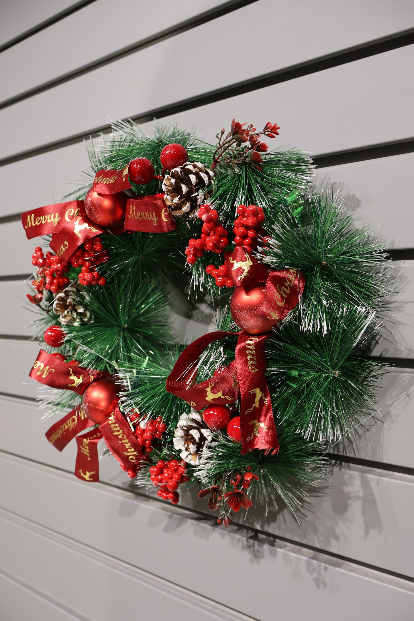 AG-44 | Artificial Christmas Wreath with Pinecones, Red Ribbon & Berries – 12" (30 cm)