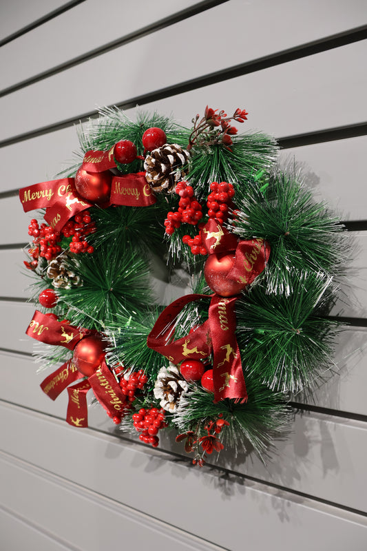 AG-44 | Artificial Christmas Wreath with Pinecones, Red Ribbon & Berries – 12" (30 cm)
