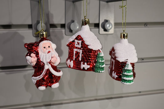 AG-74 | Christmas Hanging Ornament Set – 3" Height × 2.5–3" Width (Santa & Houses), Set of 3