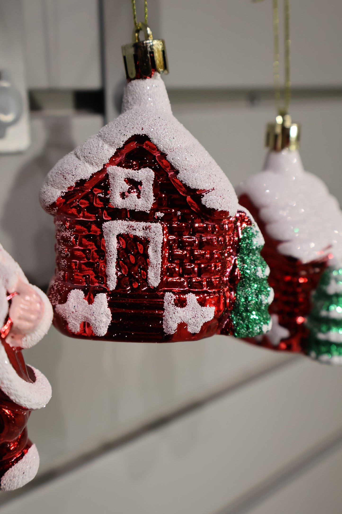 AG-74 | Christmas Hanging Ornament Set – 3" Height × 2.5–3" Width (Santa & Houses), Set of 3