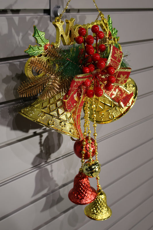 AG-65 | Christmas Hanging Bell Decoration – 15" × 10" × 5" (38×25×13 cm), Gold & Red