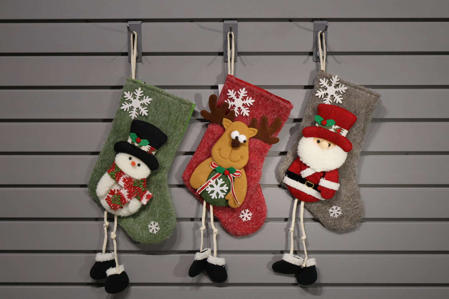 AG-19 | Christmas Stockings with Dangling Legs – Set of 3 Designs (Snowman, Santa, Reindeer), 18.9" × 9.1" × 1.2" (48×23×3 cm), 12 Pieces per OPP Bag