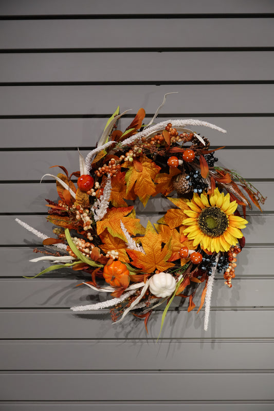 AG-55 | Artificial Autumn Wreath with Sunflower, Maple Leaves & Pumpkins – 19.7" (50 cm) Diameter