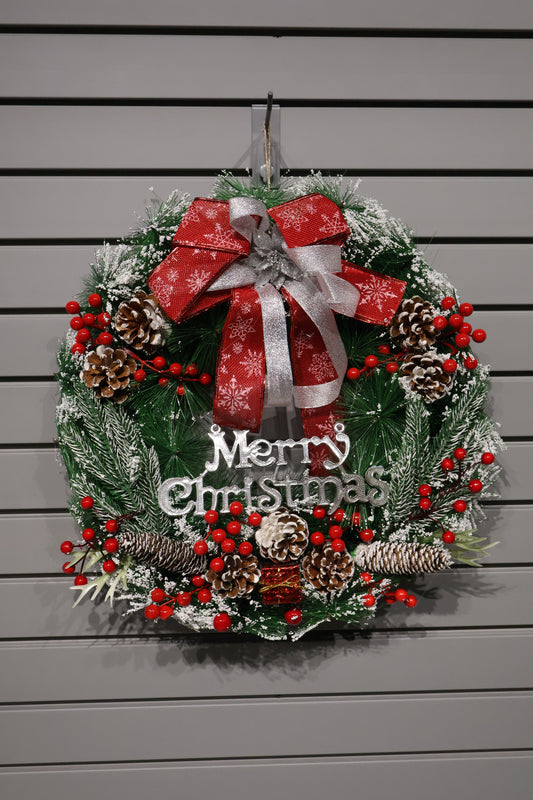 AG-41 | Artificial Christmas Wreath with “Merry Christmas” Sign, Red Bow & Snow Pinecones – 20" (50 cm)