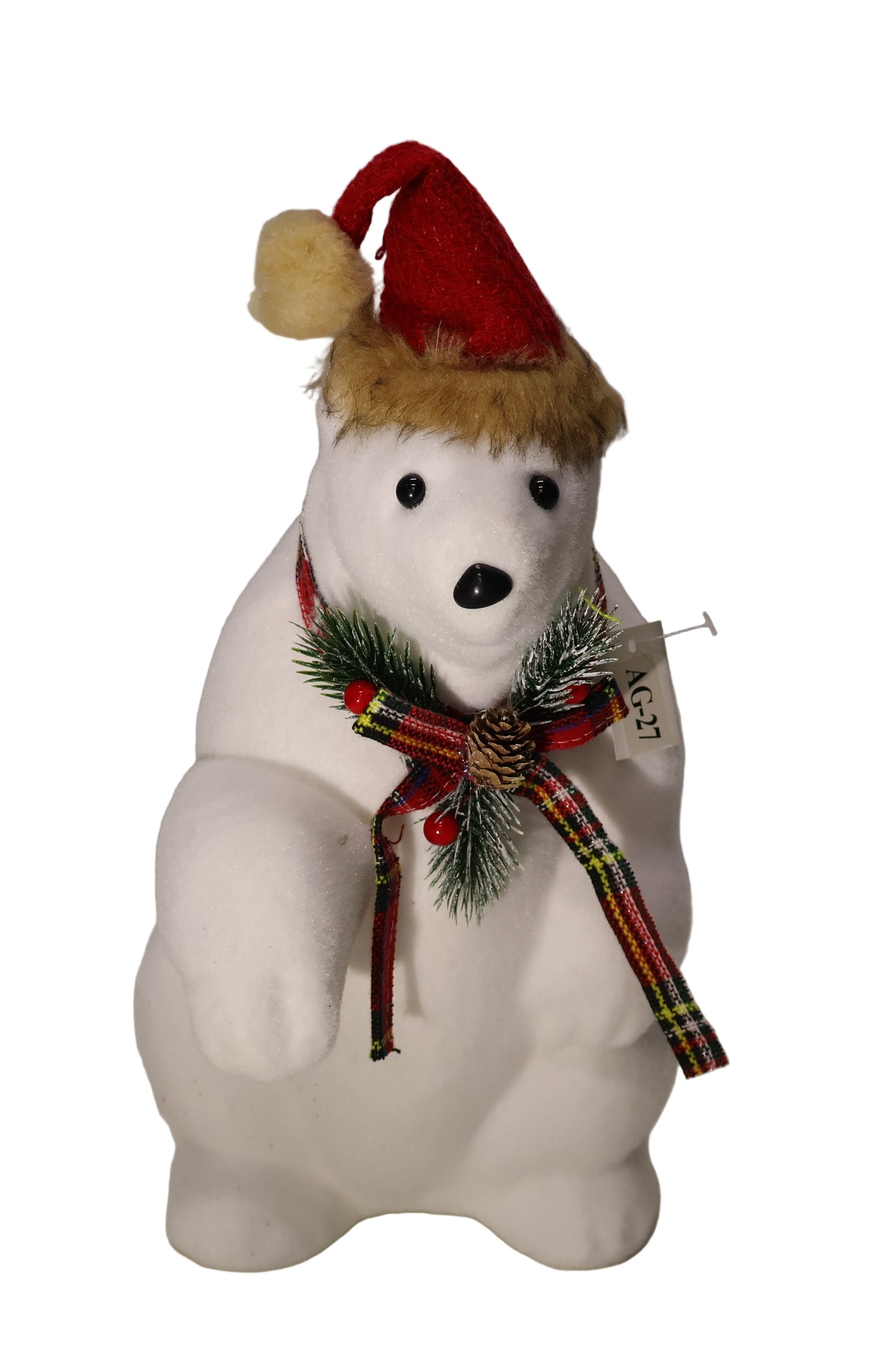 AG-27 | Christmas Polar Bear with Red Hat & Plaid Scarf – 17" × 7" × 9" (44 × 17 × 23 cm)