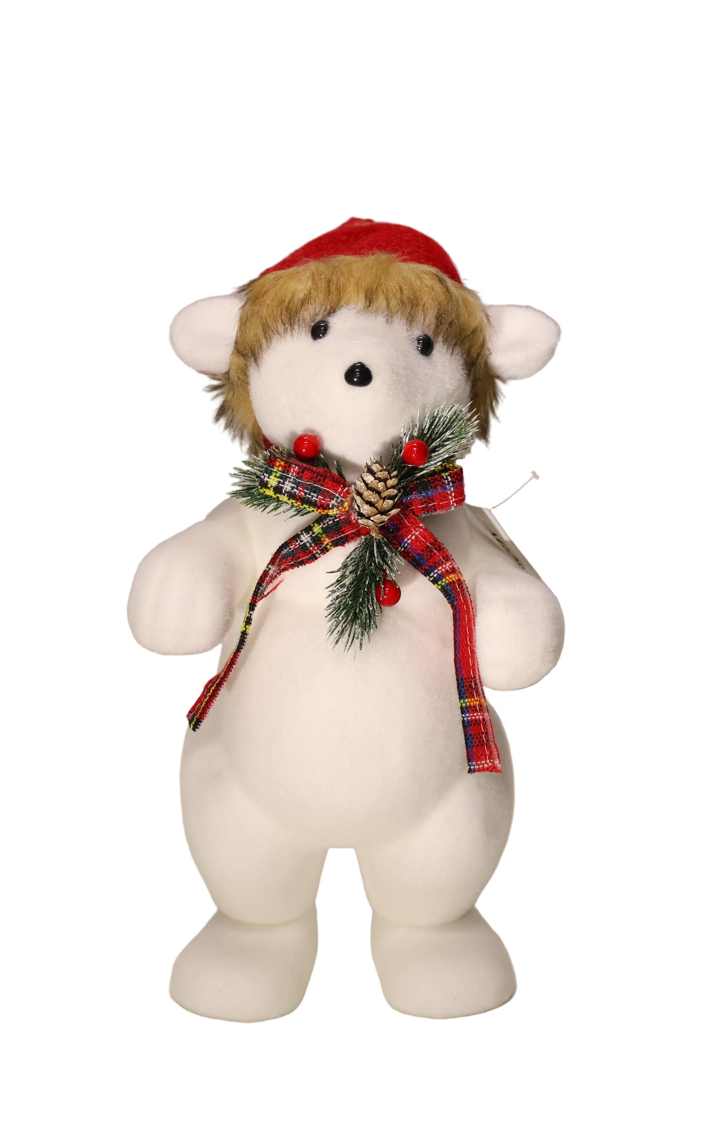 AG-28 | Standing Christmas Polar Bear with Plaid Scarf – 16" × 7" × 8" (41 × 17 × 20 cm)
