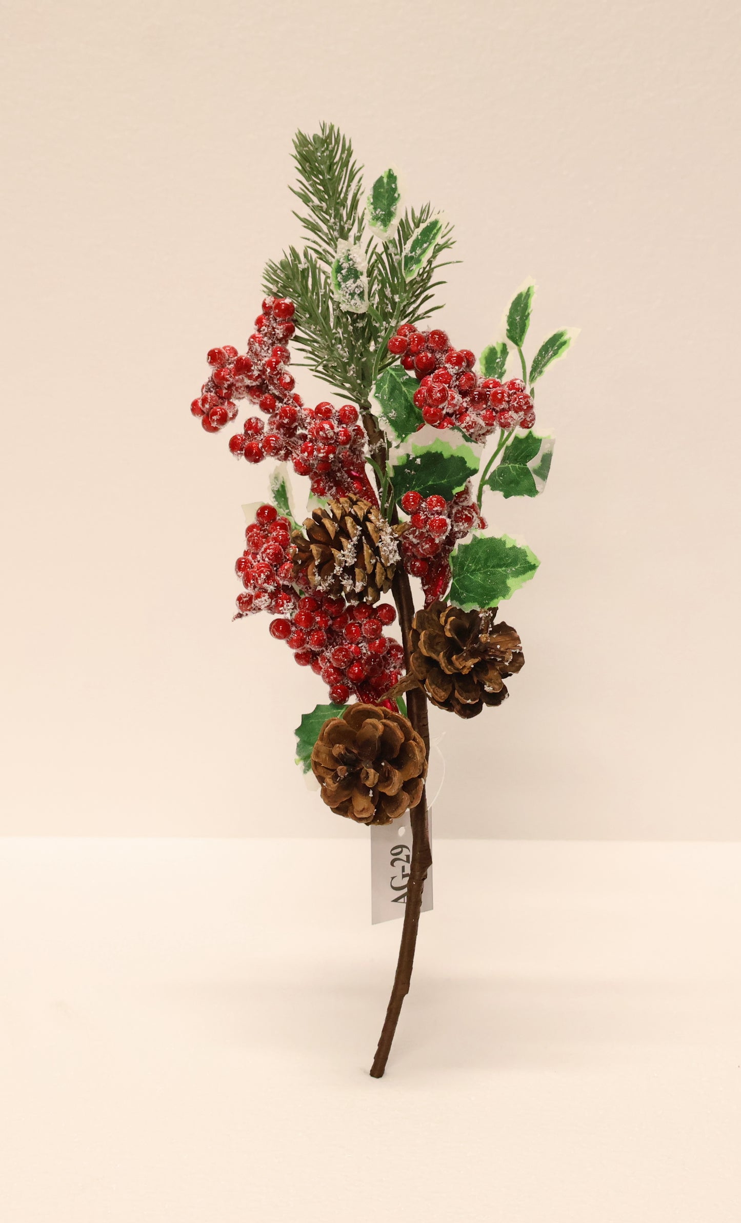 AG-29 | Artificial Red Berry Stem with Pinecones & Frosted Leaves – 16" × 3" × 2" (41 × 7 × 5 cm)