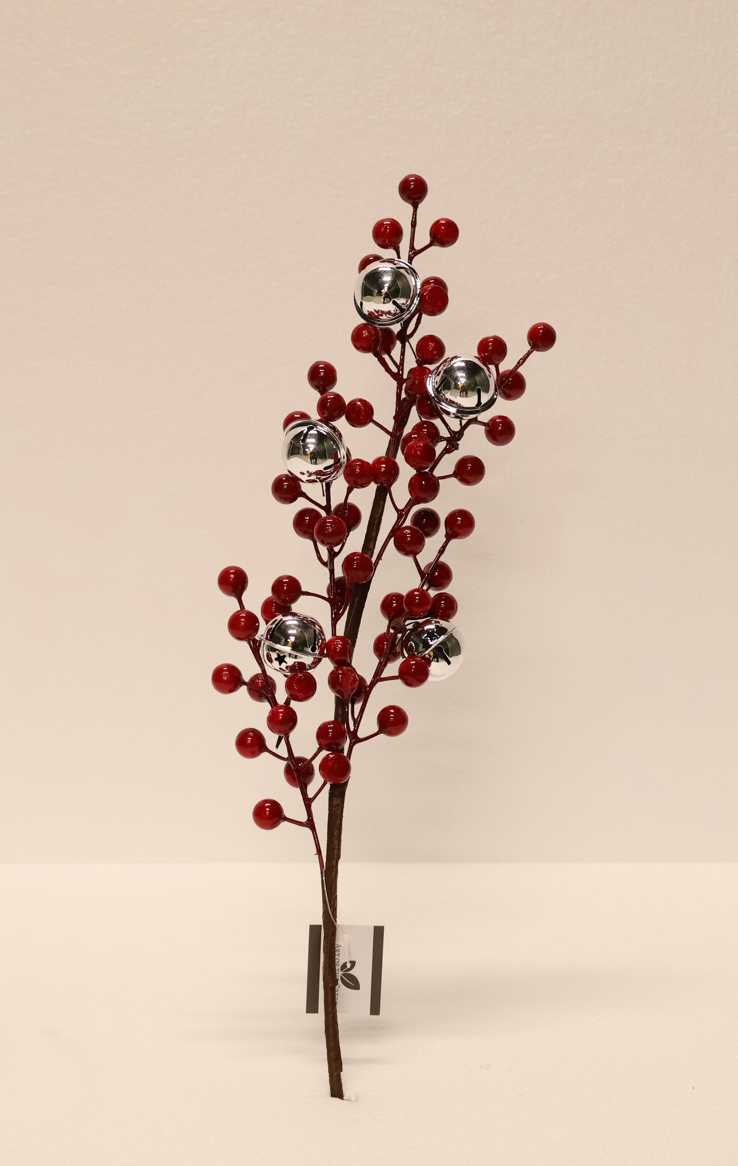 AG-30 | Artificial Red Berry Stem with Silver Bells – 16" × 2" × 2" (41 × 5 × 5 cm)