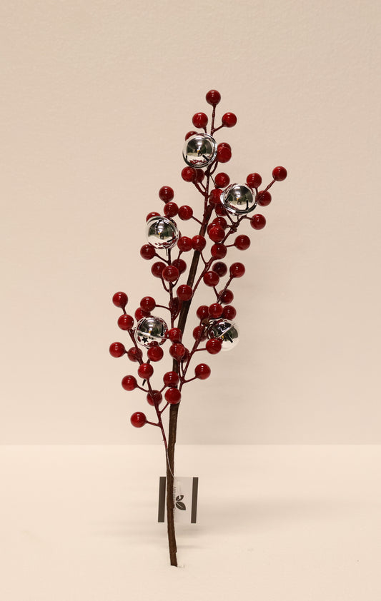 AG-30 | Artificial Red Berry Stem with Silver Bells – 16" × 2" × 2" (41 × 5 × 5 cm)