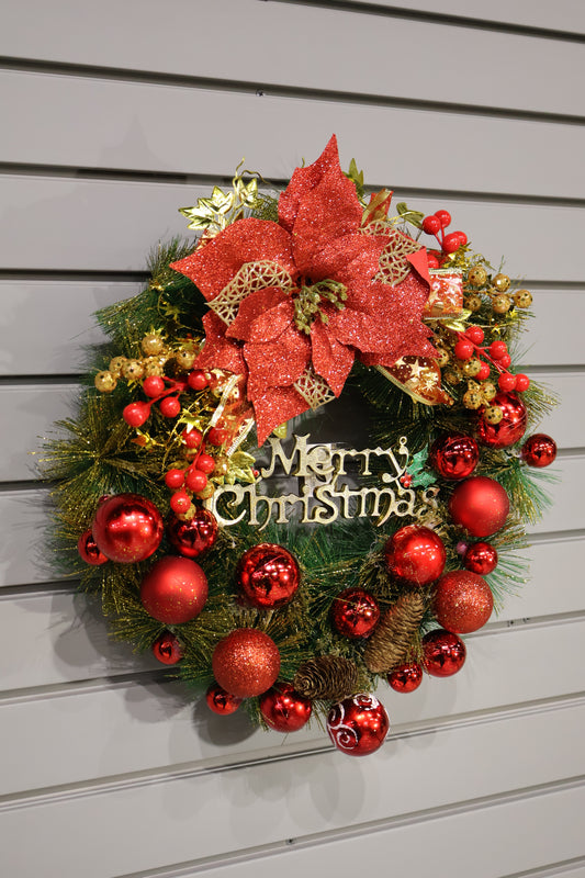 AG-31 | Artificial Christmas Wreath with Red Poinsettia & Baubles – 16" (40 cm)