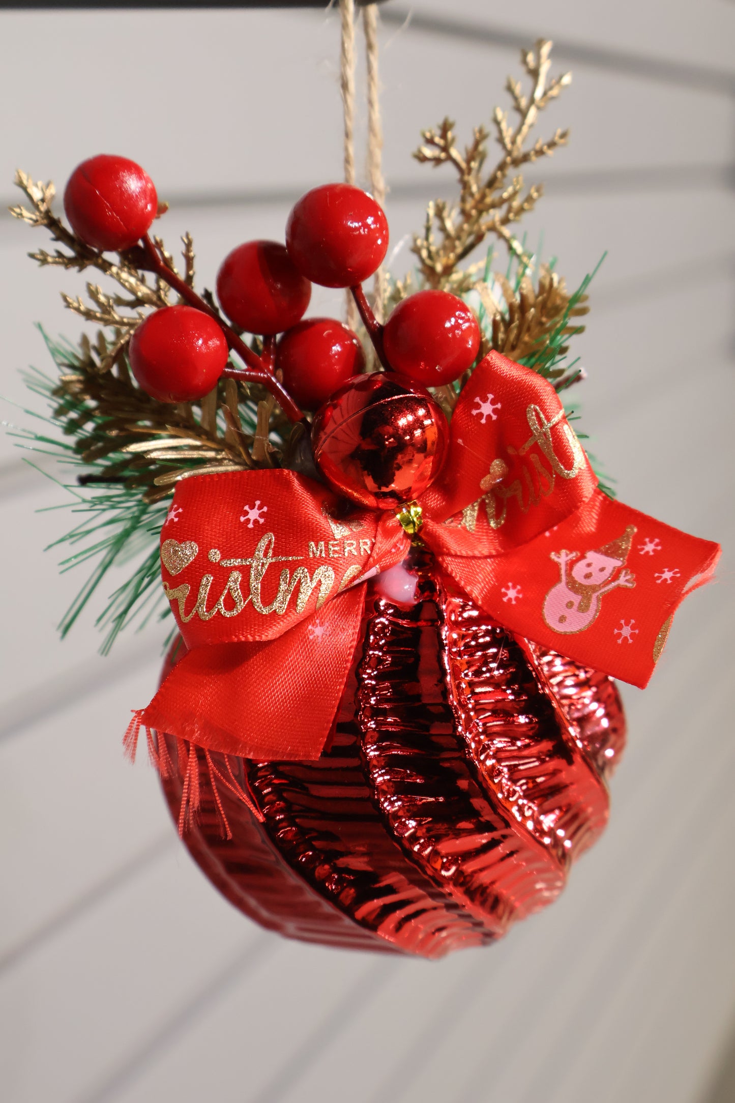 AG-38 | Artificial Christmas Hanging Ornament with Red Ribbon & Berries – 3" × 5" (8 × 13 cm)