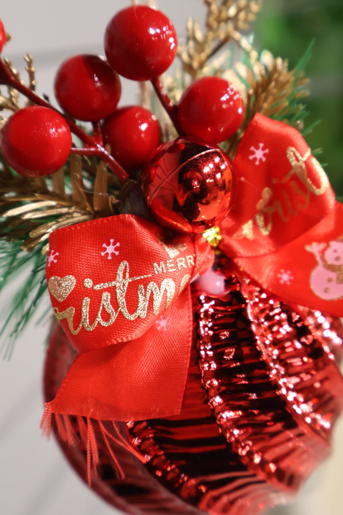 AG-38 | Artificial Christmas Hanging Ornament with Red Ribbon & Berries – 3" × 5" (8 × 13 cm)