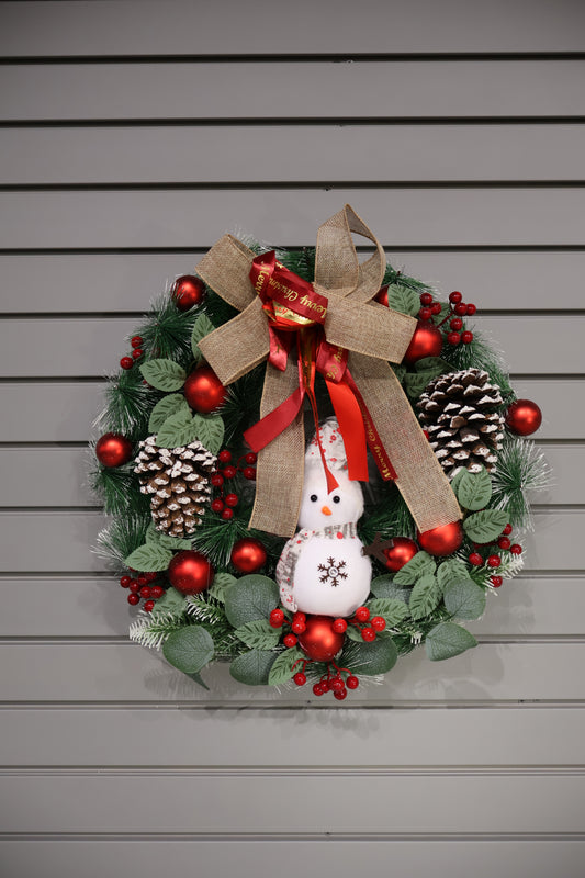 AG-43 | Artificial Christmas Wreath with Snowman, Pinecones & Red Ribbon – 22" (55 cm)